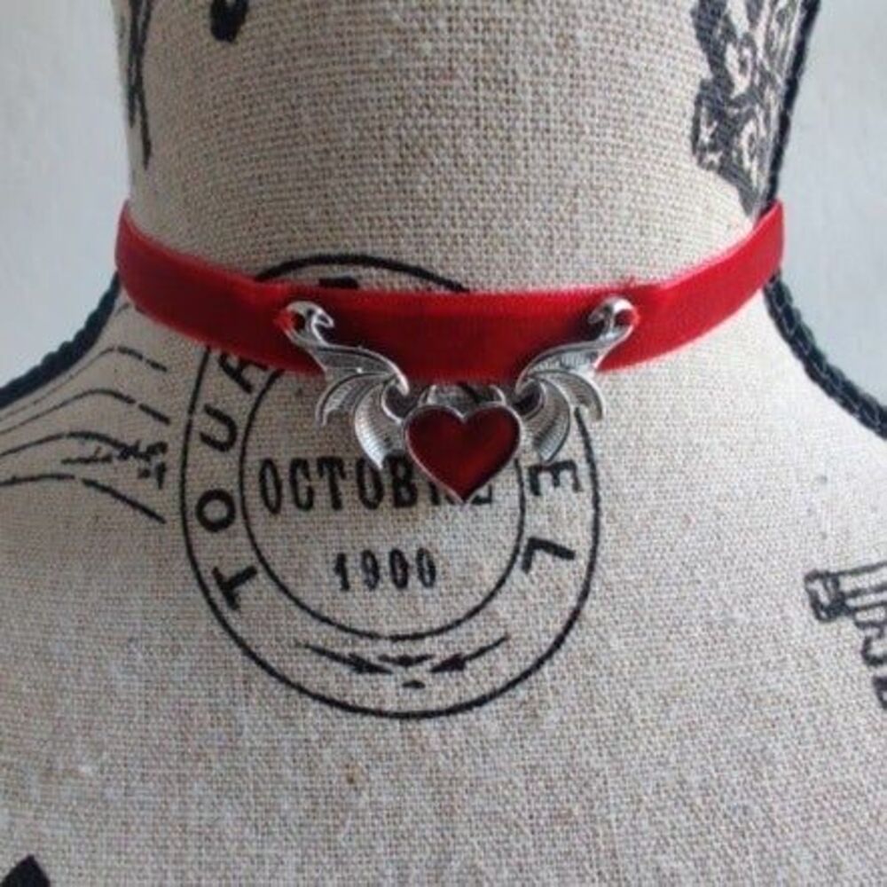 Gothic Vampire Red Heart with bat wings Hand Crafted velvet choker necklace